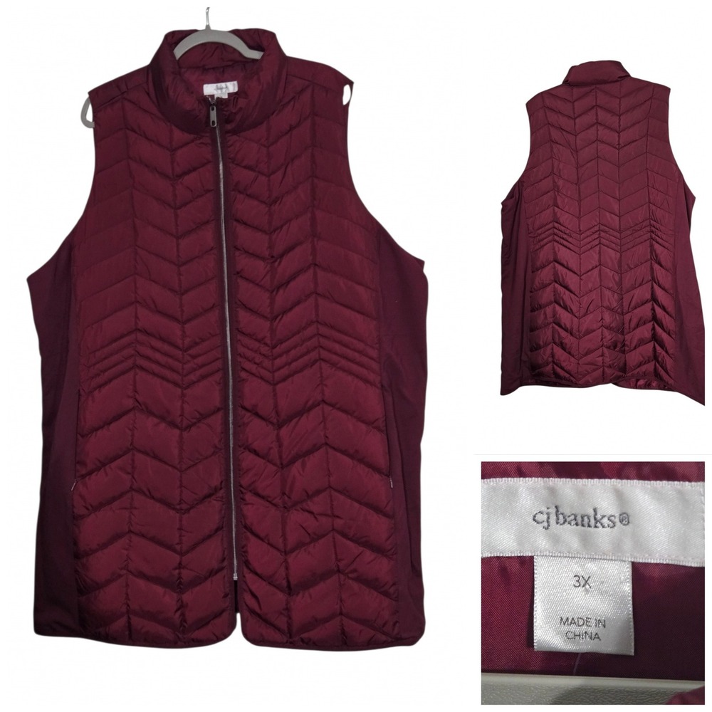 CJ Banks Womens 3X Burgundy Quilted Puffer Vest Chevron Full Zip A485341